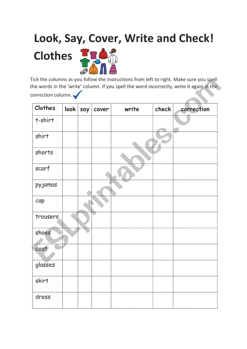 Clothes check list worksheet