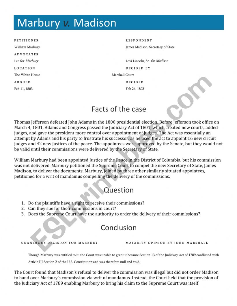 Landmark Supreme Court Cases worksheet