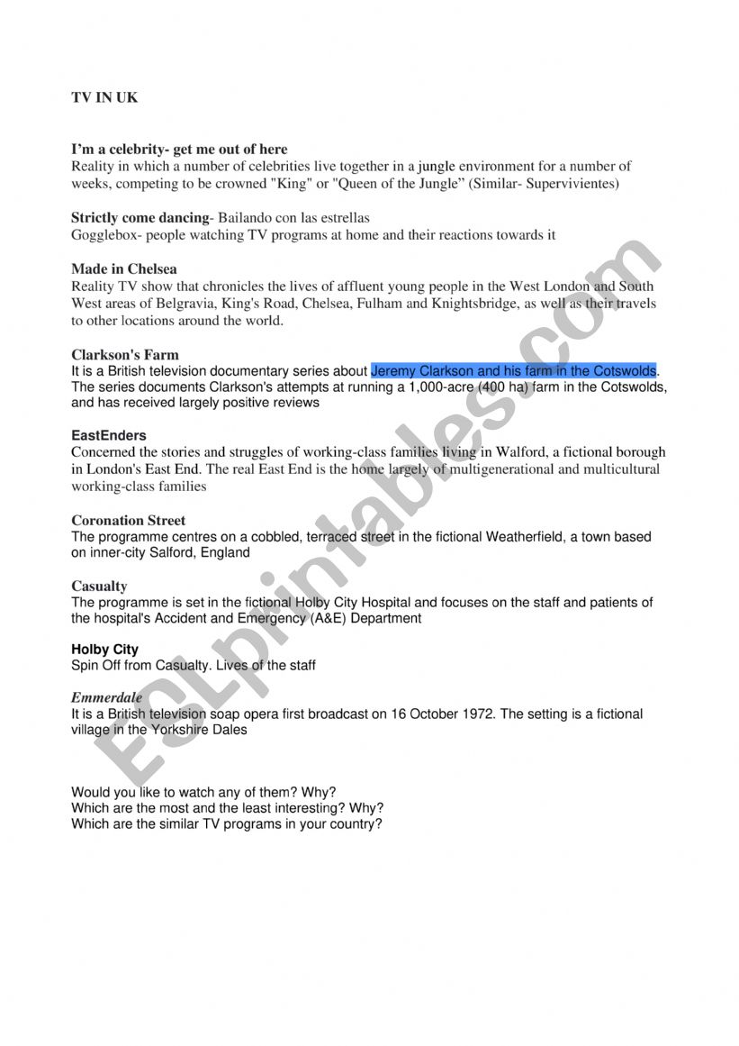 TV in UK worksheet