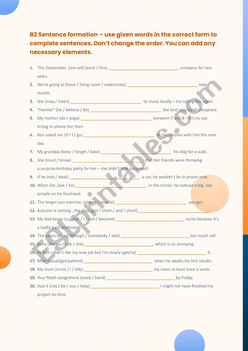 Sentence formation B2 worksheet