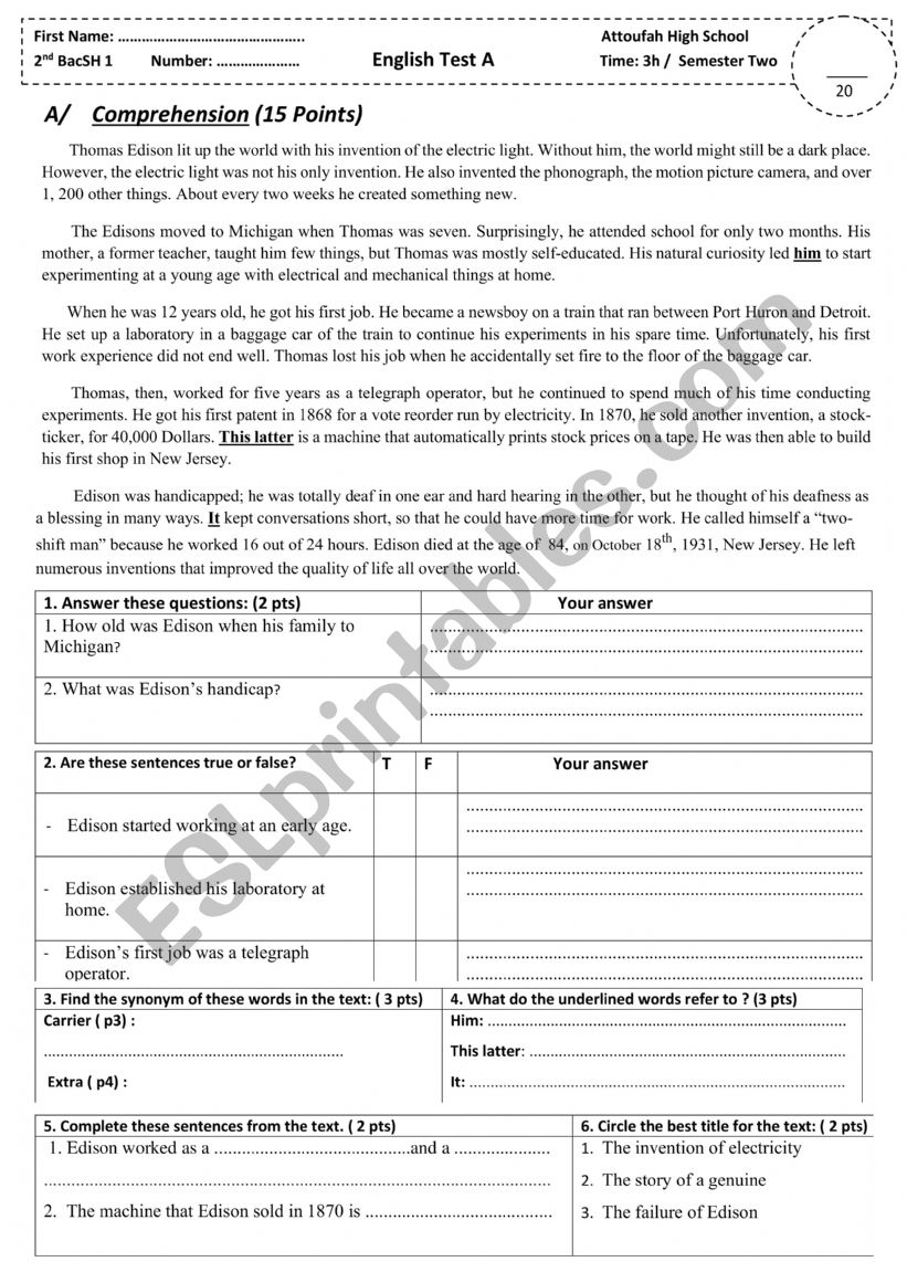 2BAC Global Test worksheet
