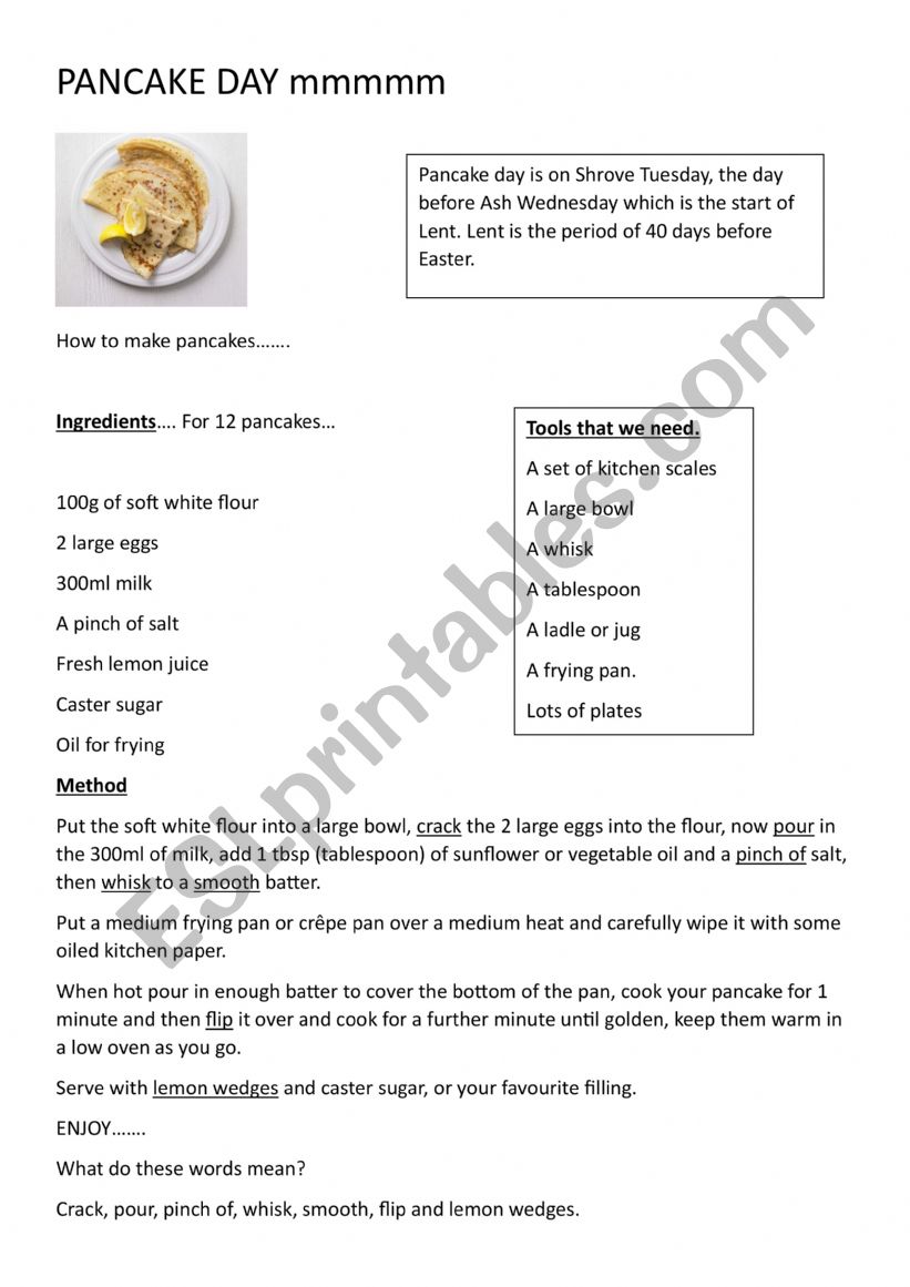 Pancake Day worksheet