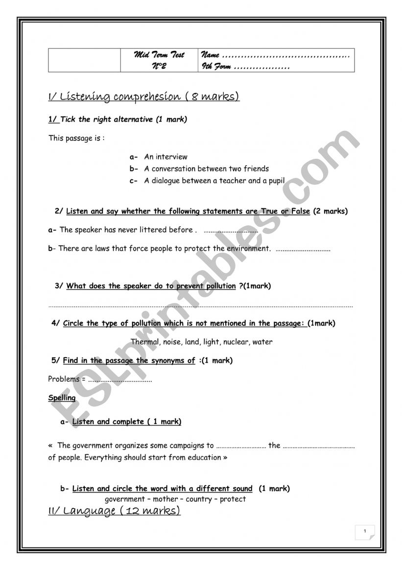 mid term test 2 9th forms worksheet