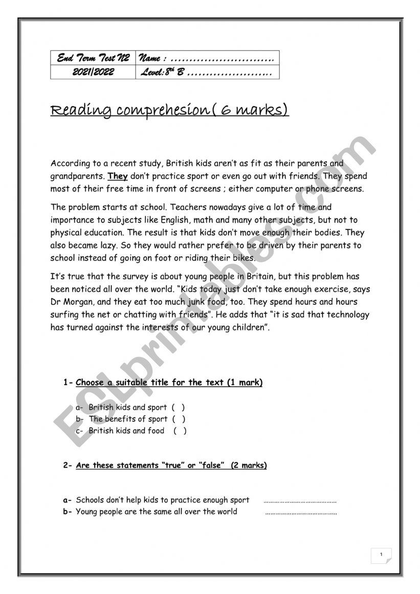 end of term test 2 8th forms worksheet
