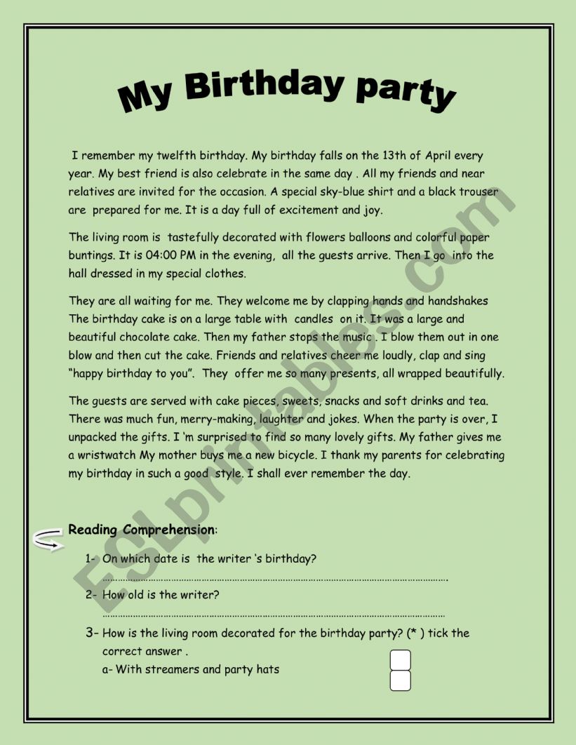 My birthday party worksheet