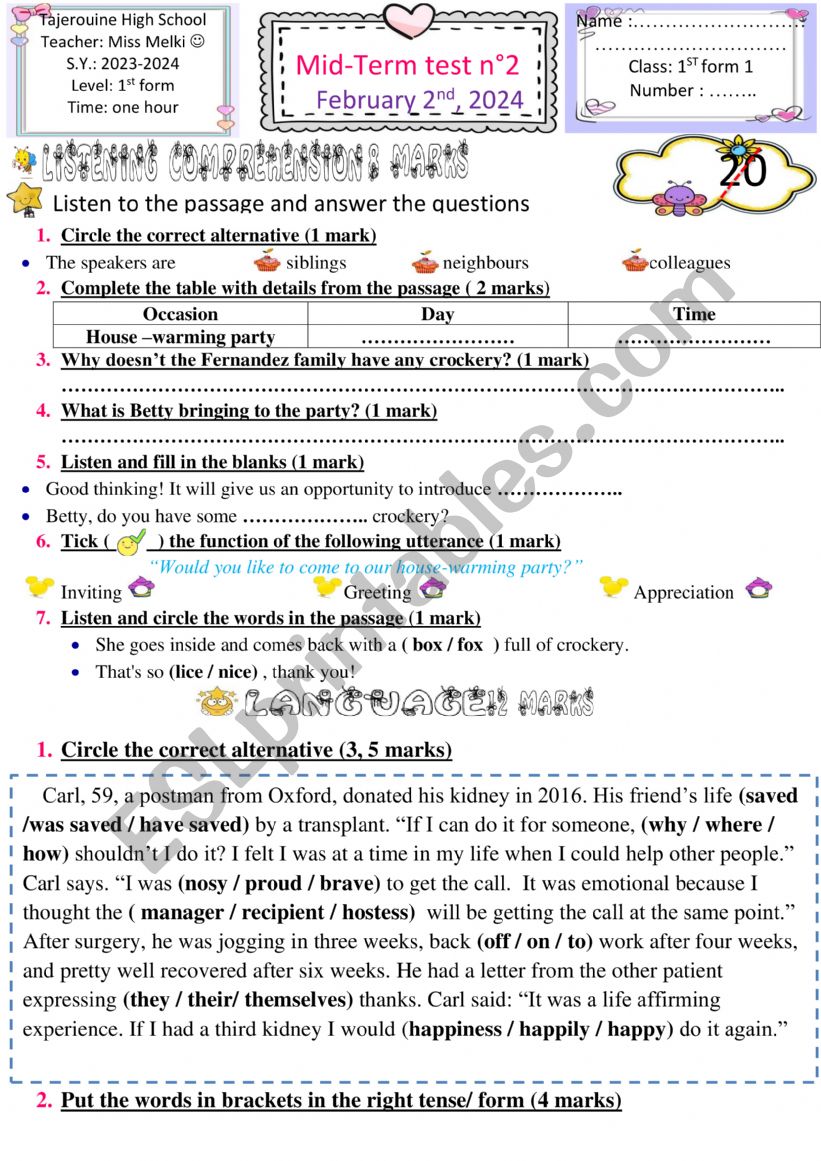 1st form mid term test 2 worksheet