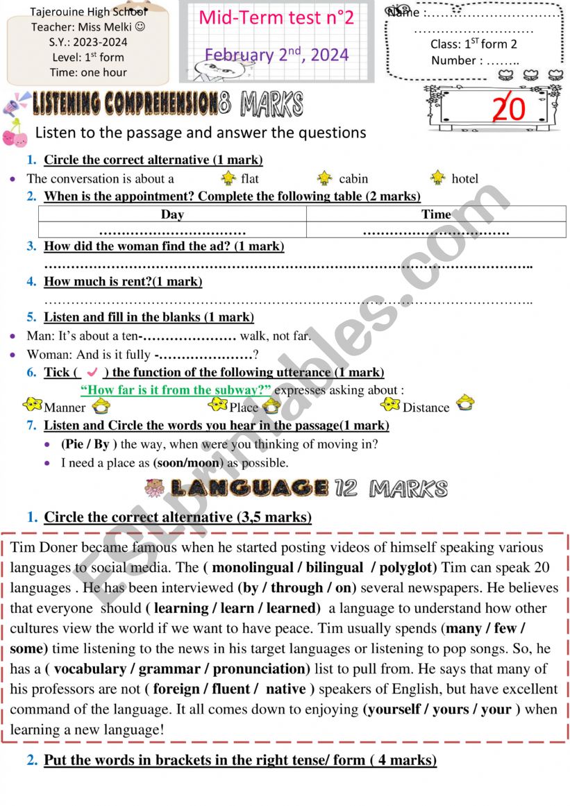 1st form mid term test 2 worksheet