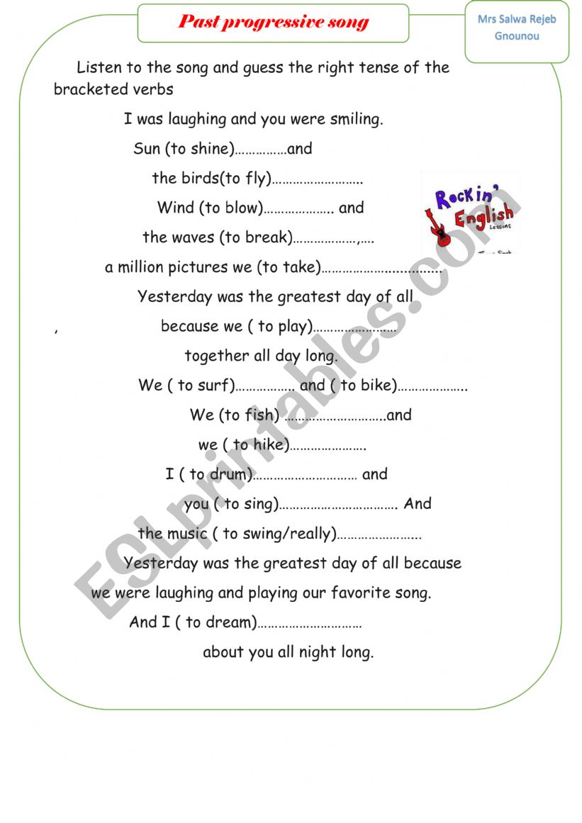 past progressive song  worksheet