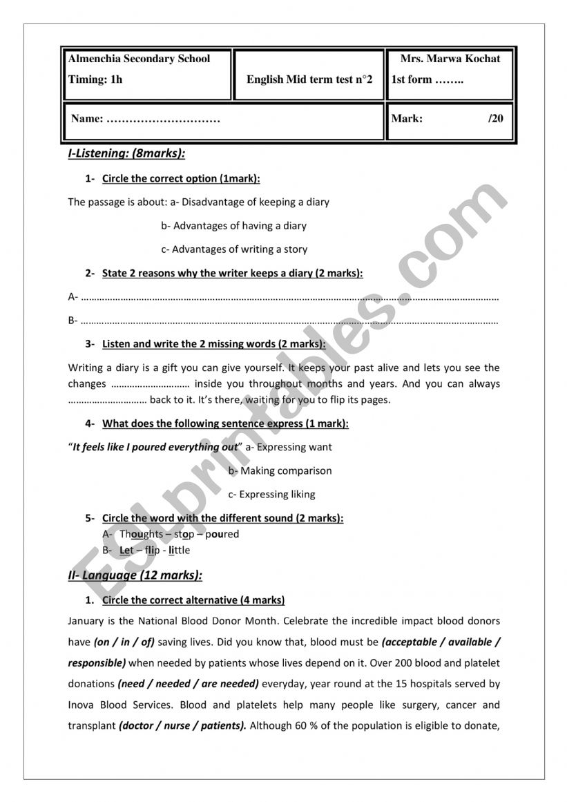 1st form mid term exam n2 worksheet