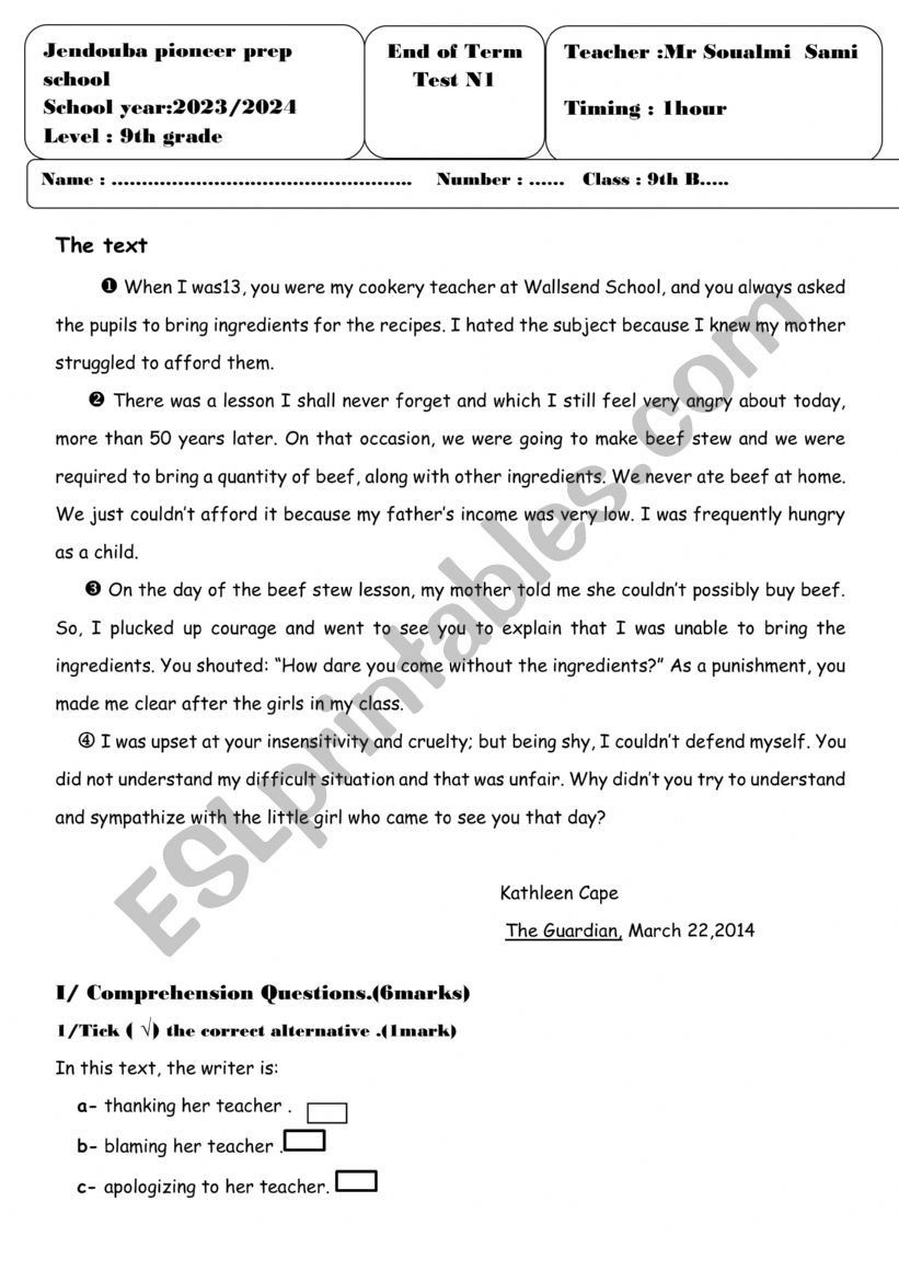 end of term test n1  FOR 9th grade Tunisian education 2023