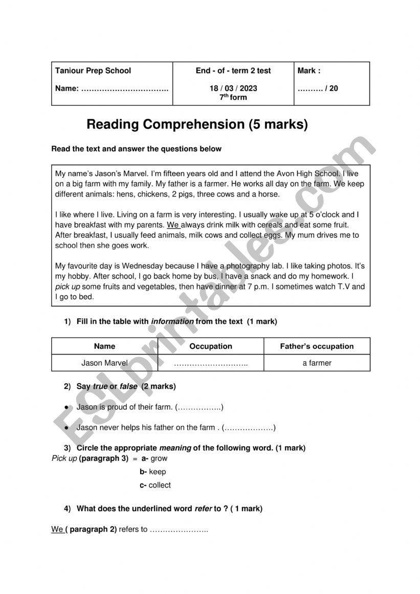 Full-Term 2 Test 7th form worksheet