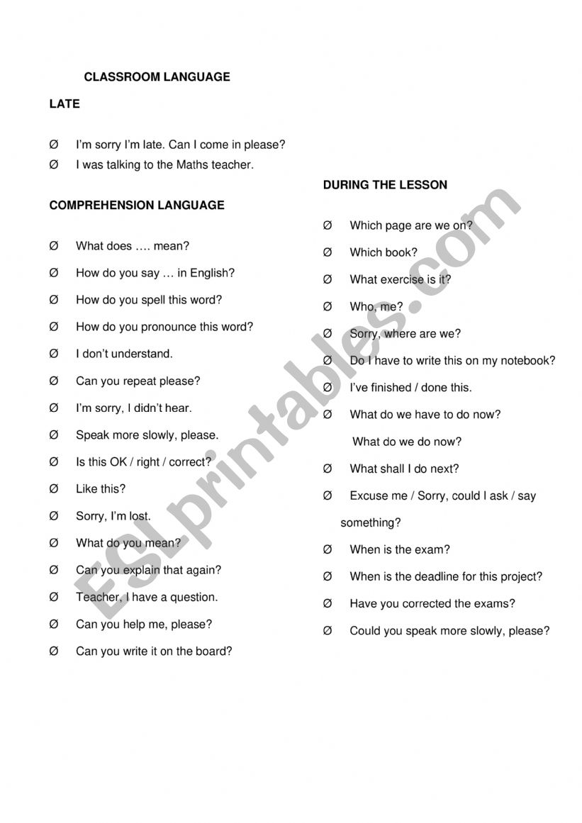 classroom language worksheet