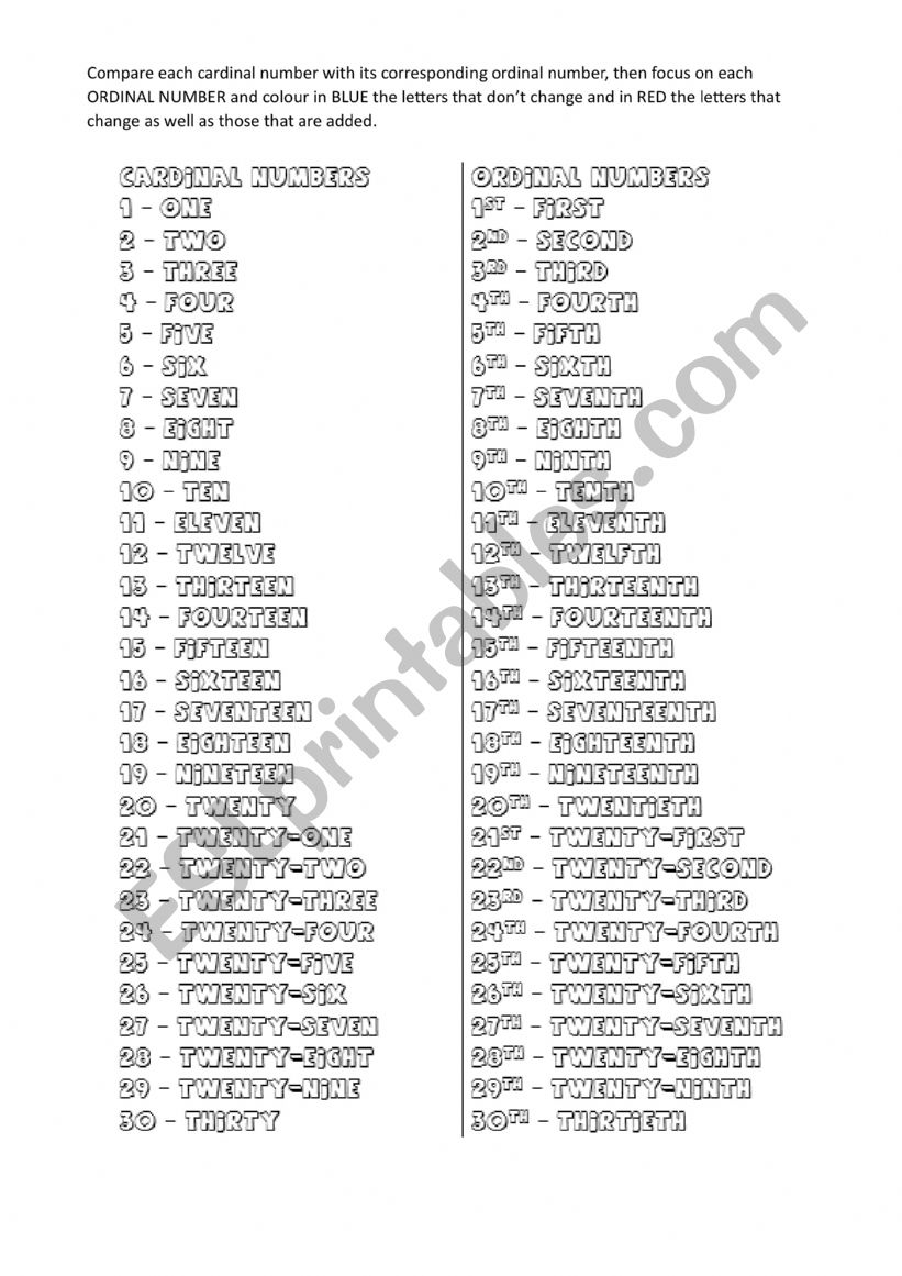 Ordinal and cardinal numbers worksheet