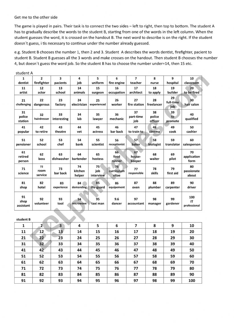 Get me to the other side worksheet