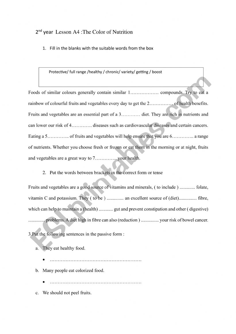Color of Nutrition  worksheet