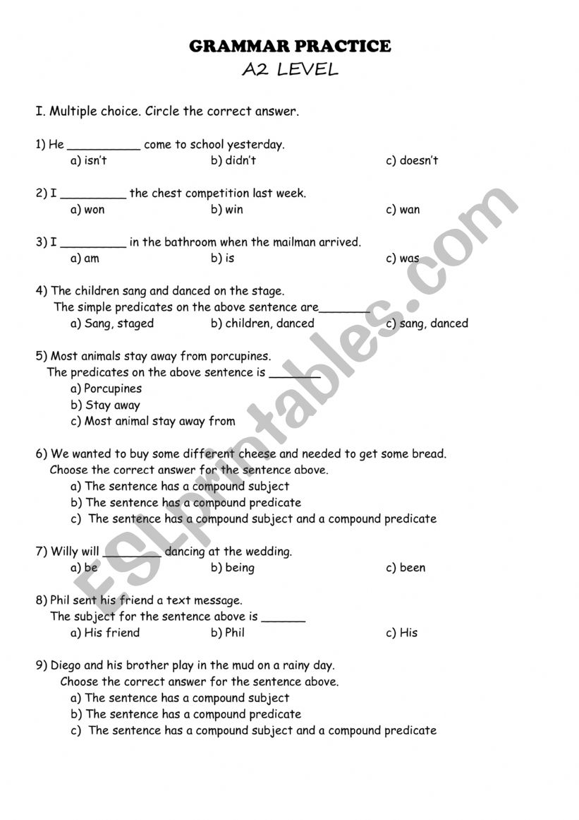 GRAMMAR PRACTICE FOR A2 LEVEL worksheet