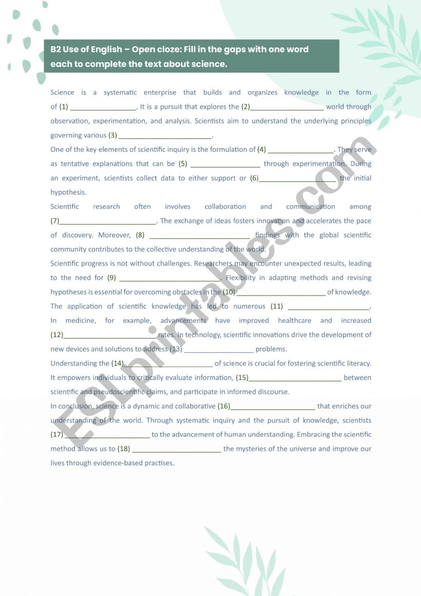 Open cloze B2 science theme worksheet