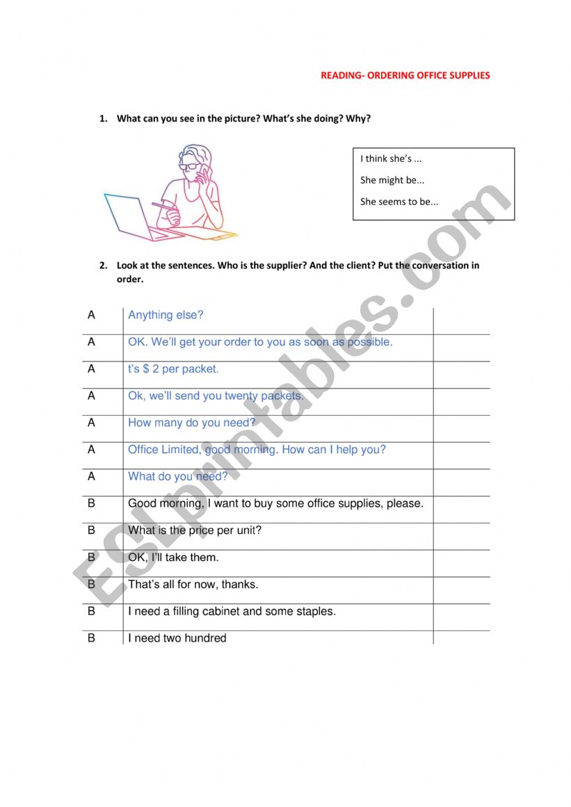 Placing an order dialogue worksheet