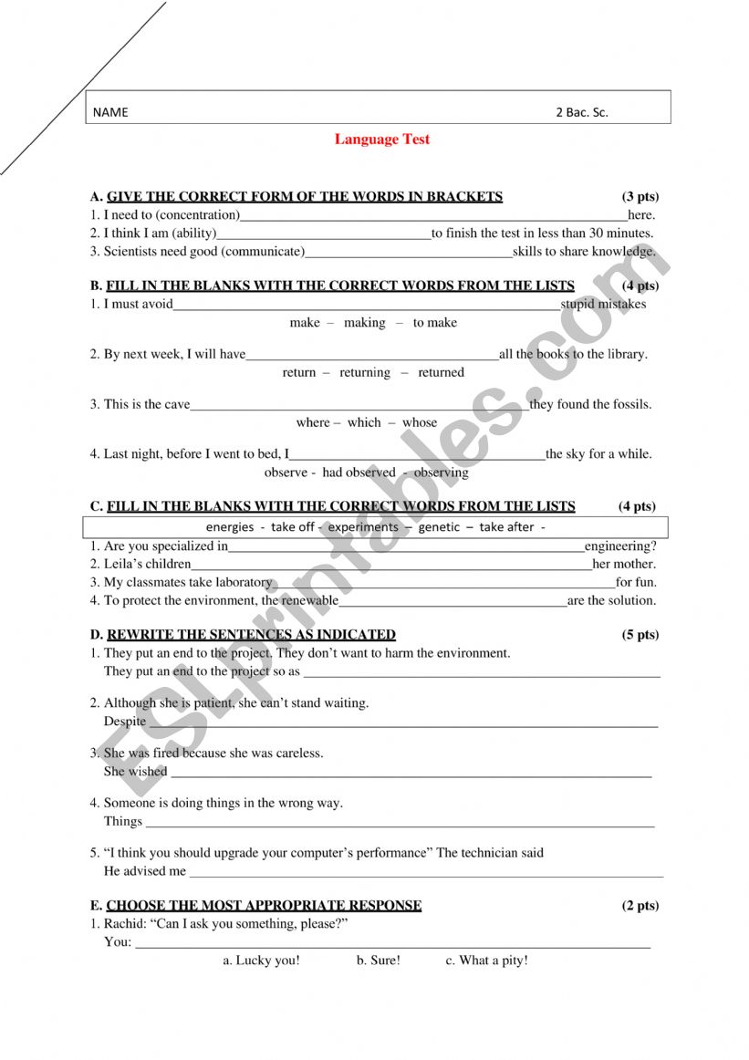 2BAC LANGUAGE TEST worksheet