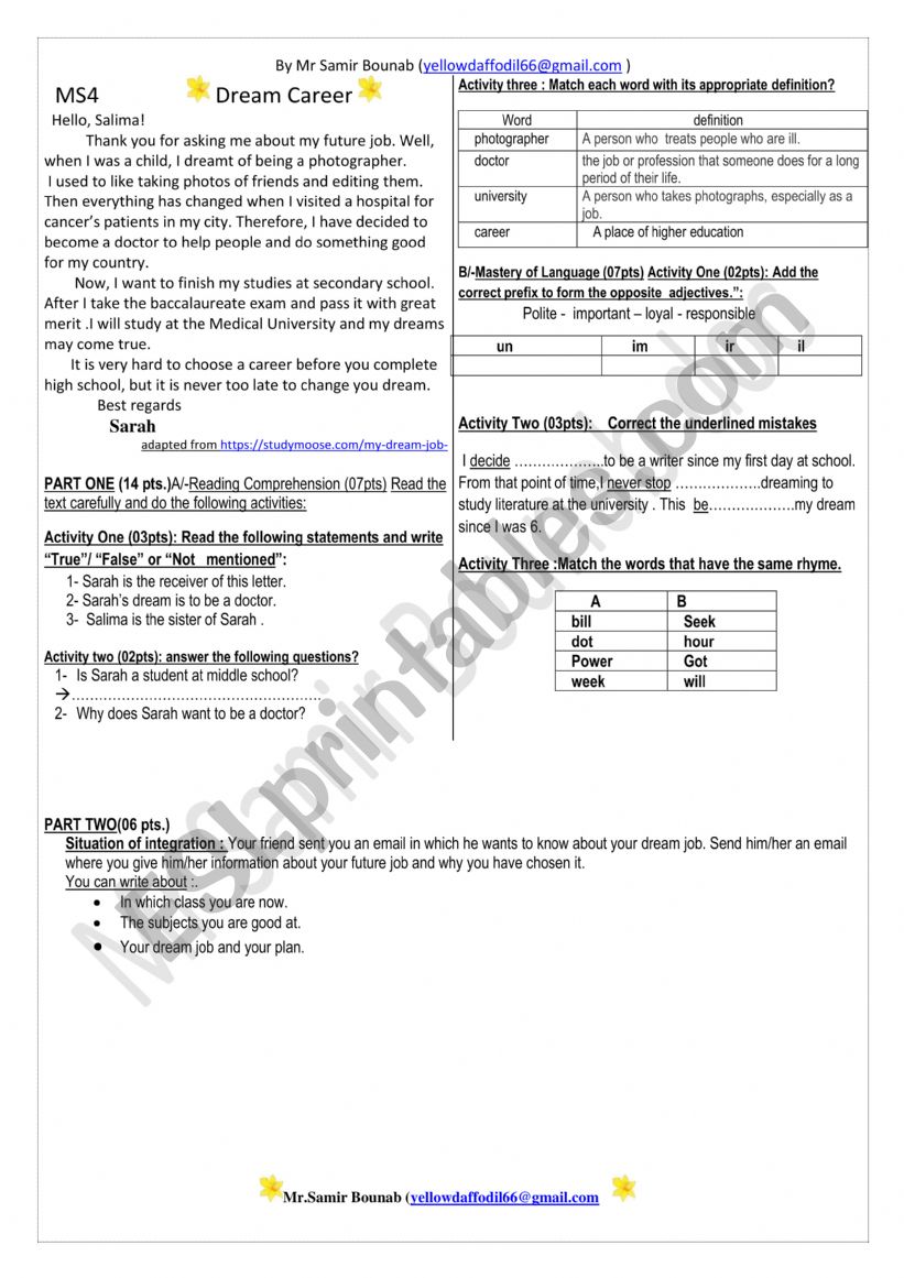 Dream career  worksheet