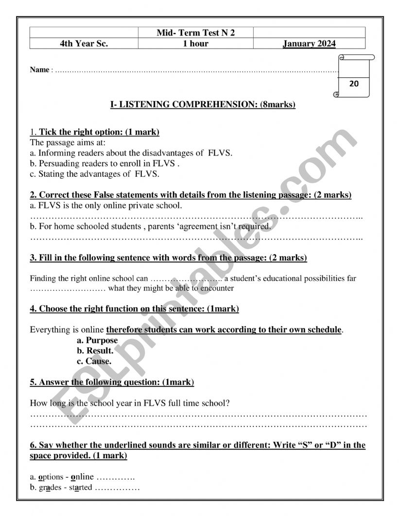 4th Year Mid Term 2 2024 ESL worksheet by hafedhbmz