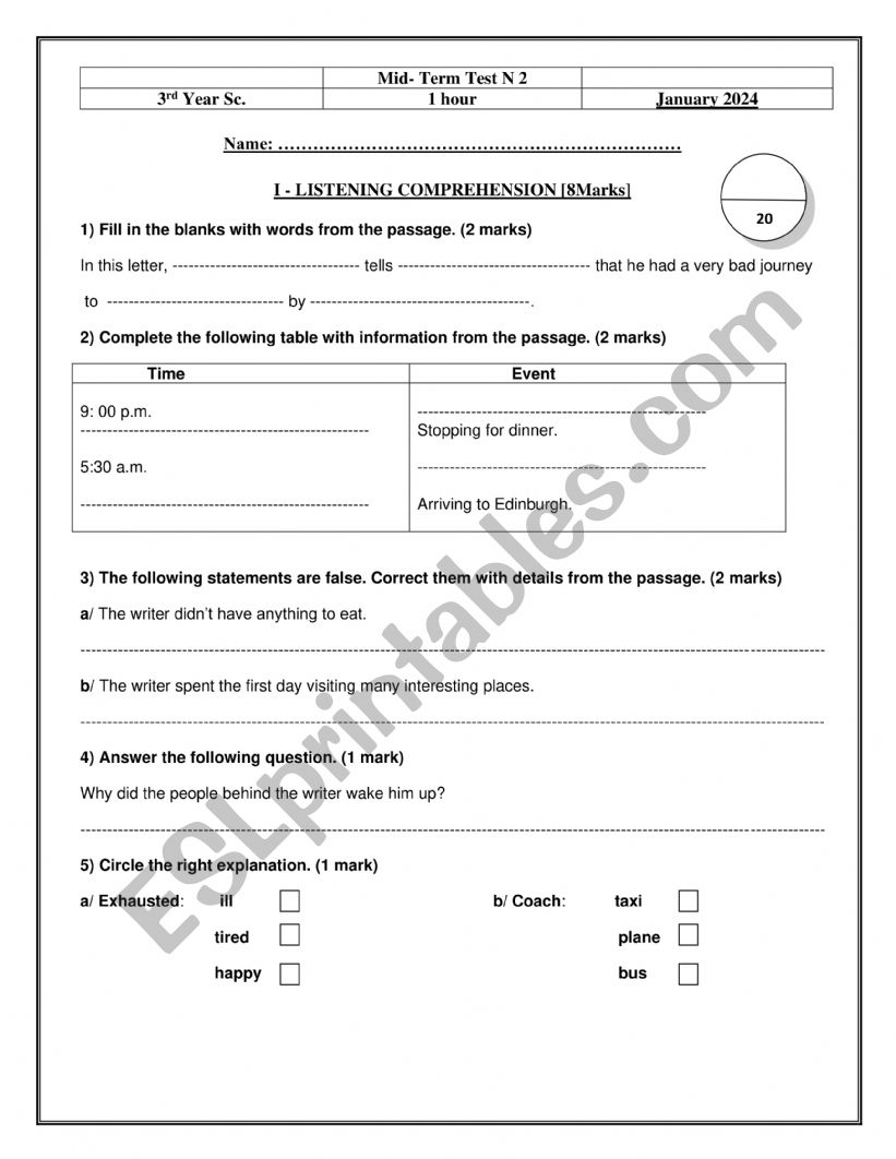 3rd Year Sc Mid term 2 2024 worksheet