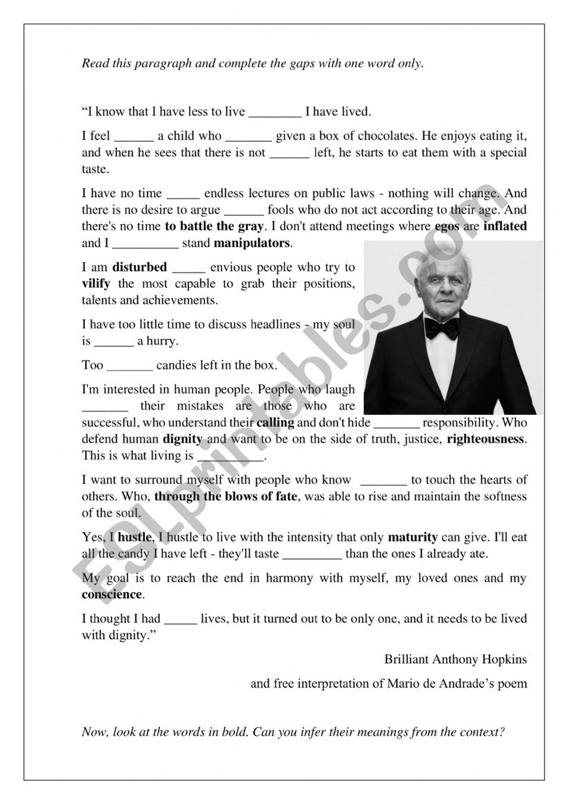 Anthony HopkinsÃ¯Â¿Â½ speech - FCE preparation vocabulary and use of English