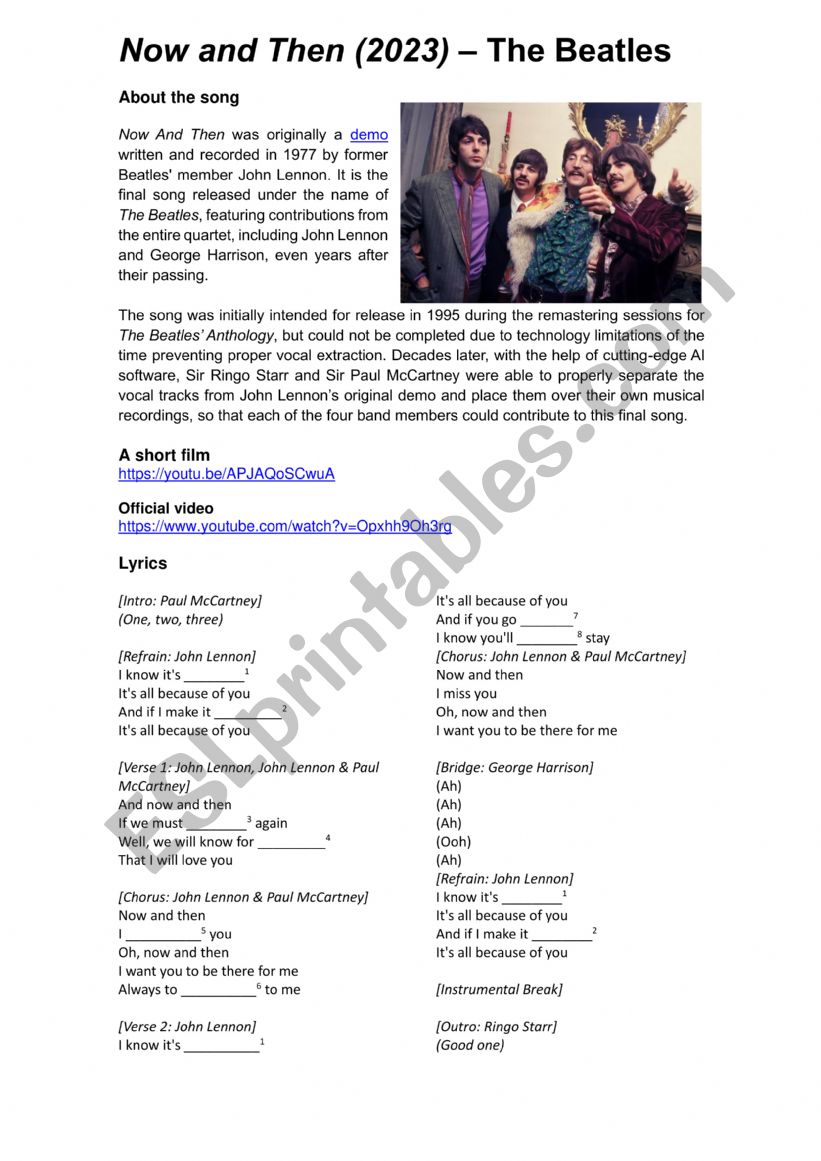 Now and Then (The Beatles) worksheet