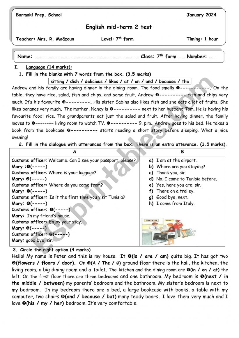 mid-term 2 test 7th form worksheet