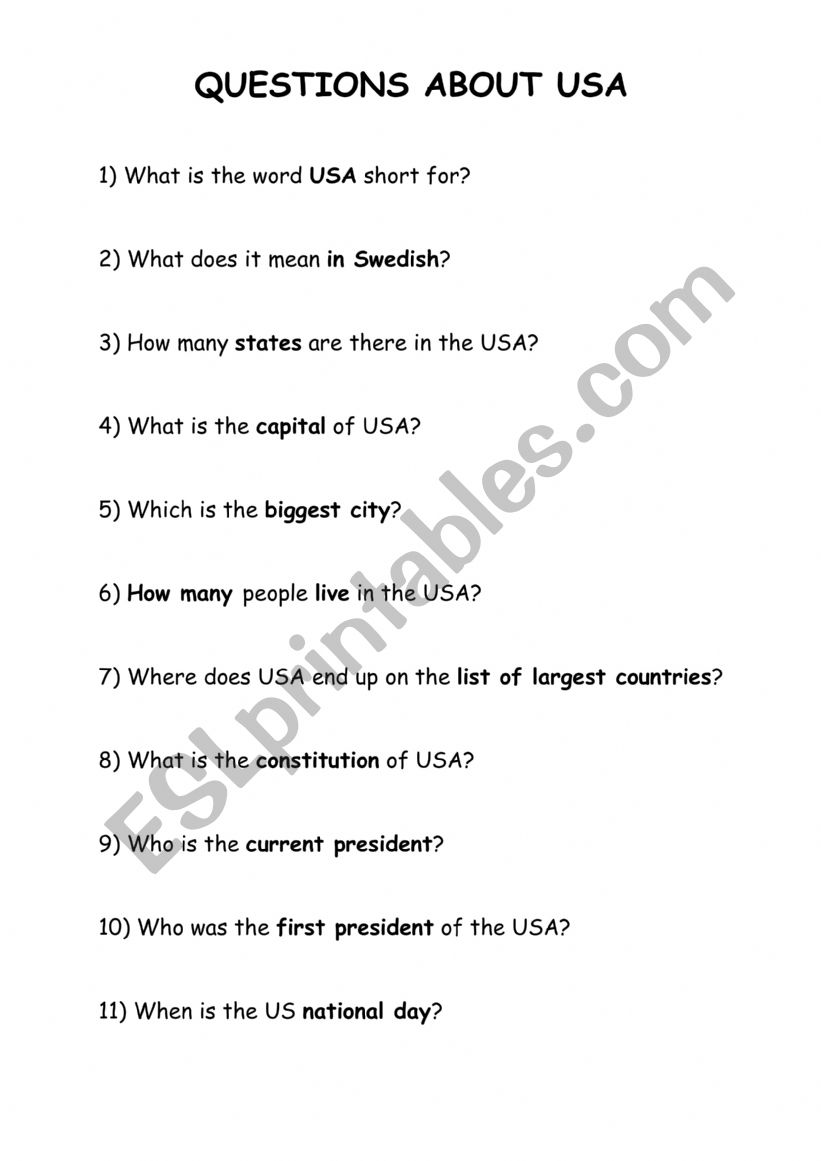 Questions about the USA worksheet