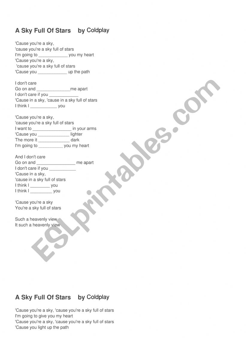 A sky full of stars-Coldplay worksheet