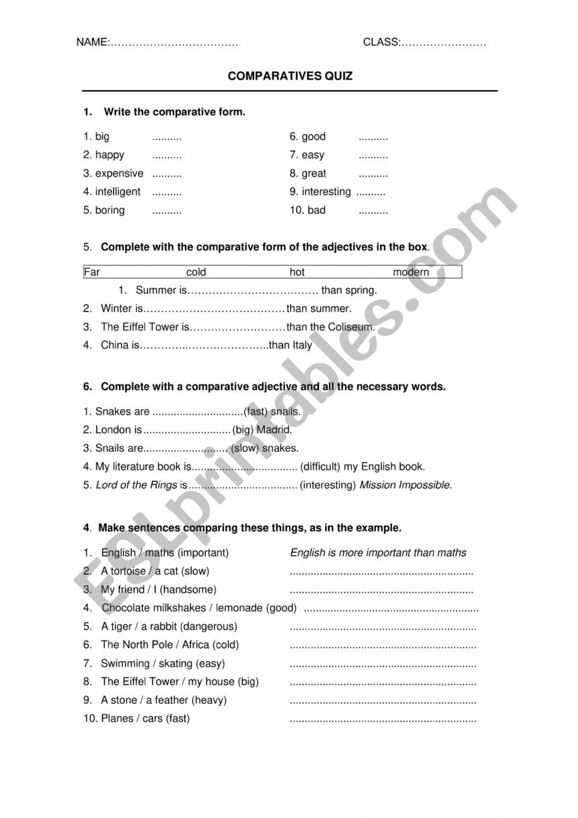 comparatives quiz worksheet