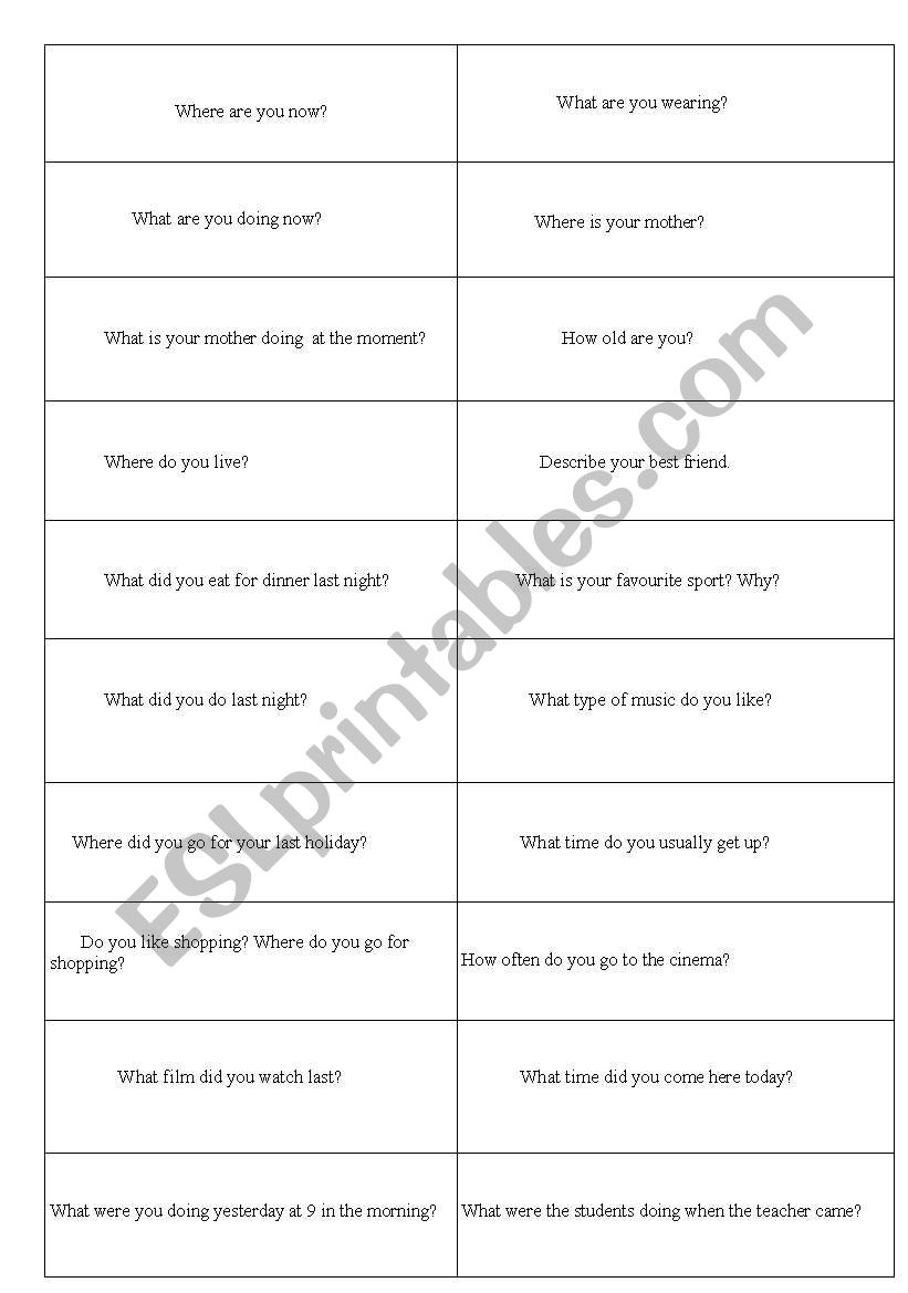 tenses - speaking cards  worksheet