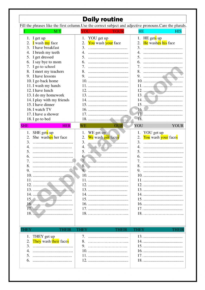 Daily routine with  subject and adjective pronouns 