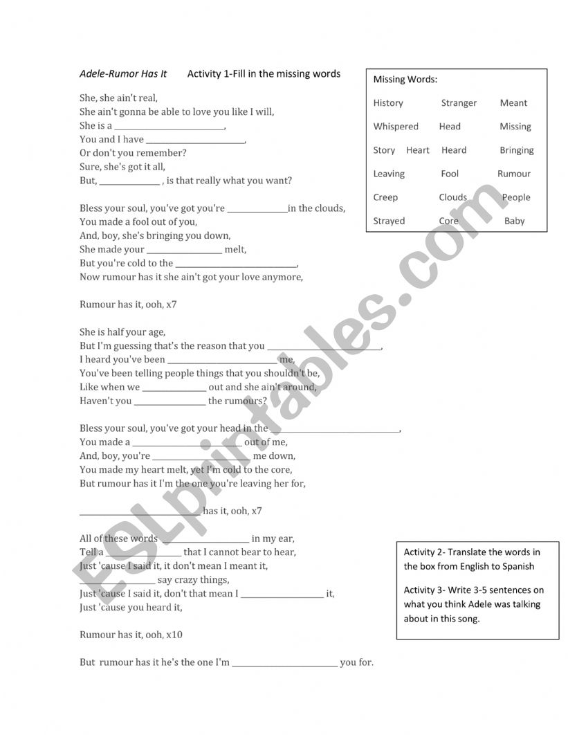 adele worksheet