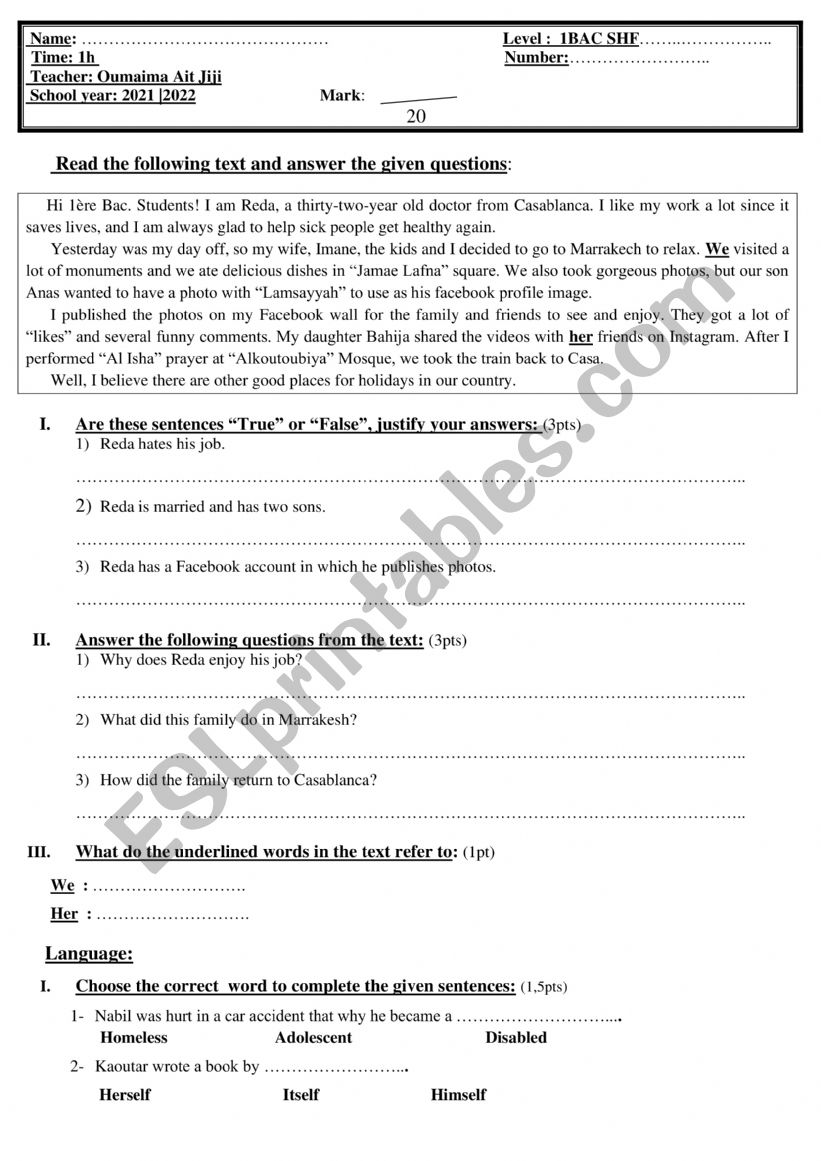 First baccalaureate test worksheet