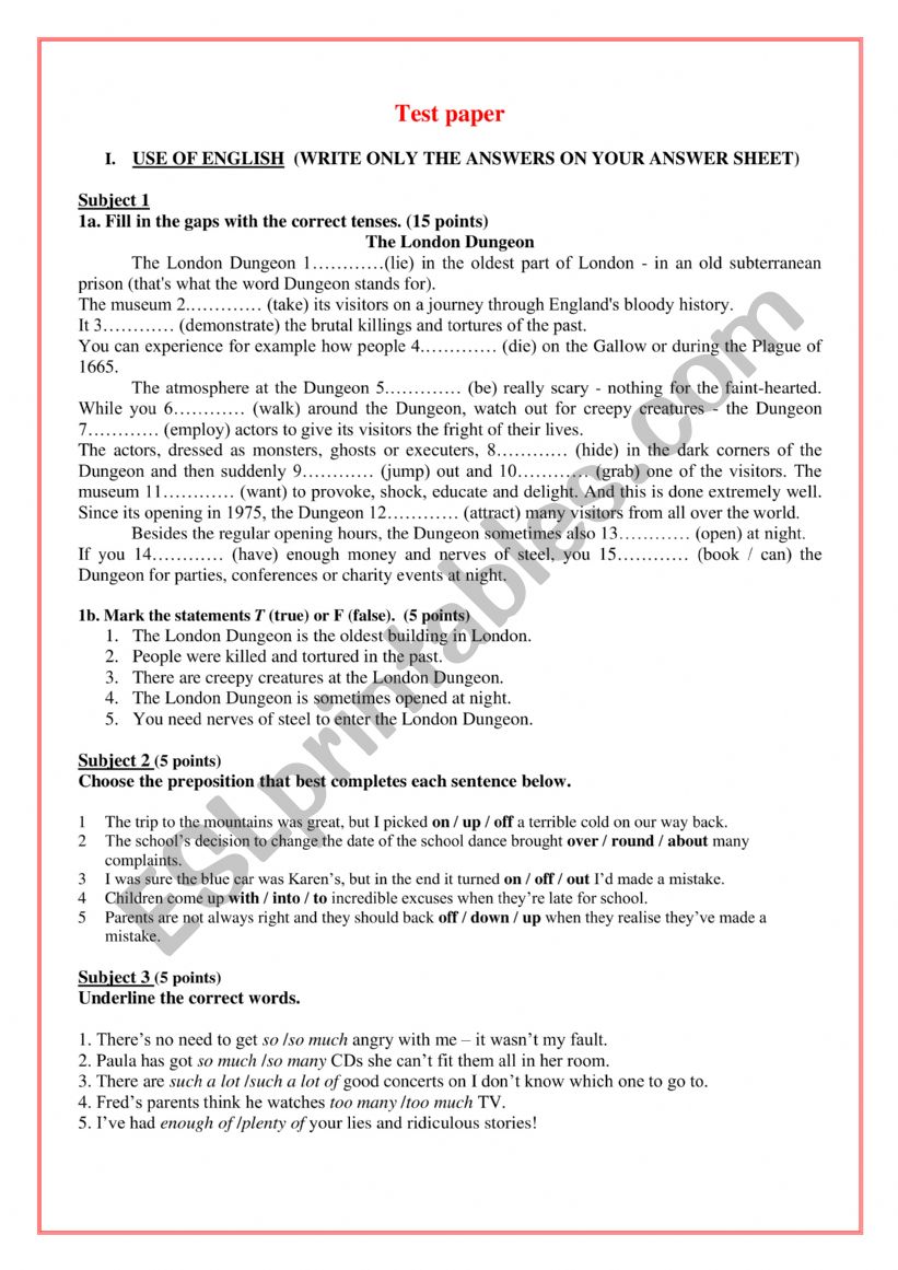 test paper revision worksheet