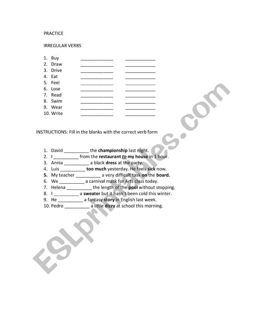 IRREGULAR VERBS worksheet