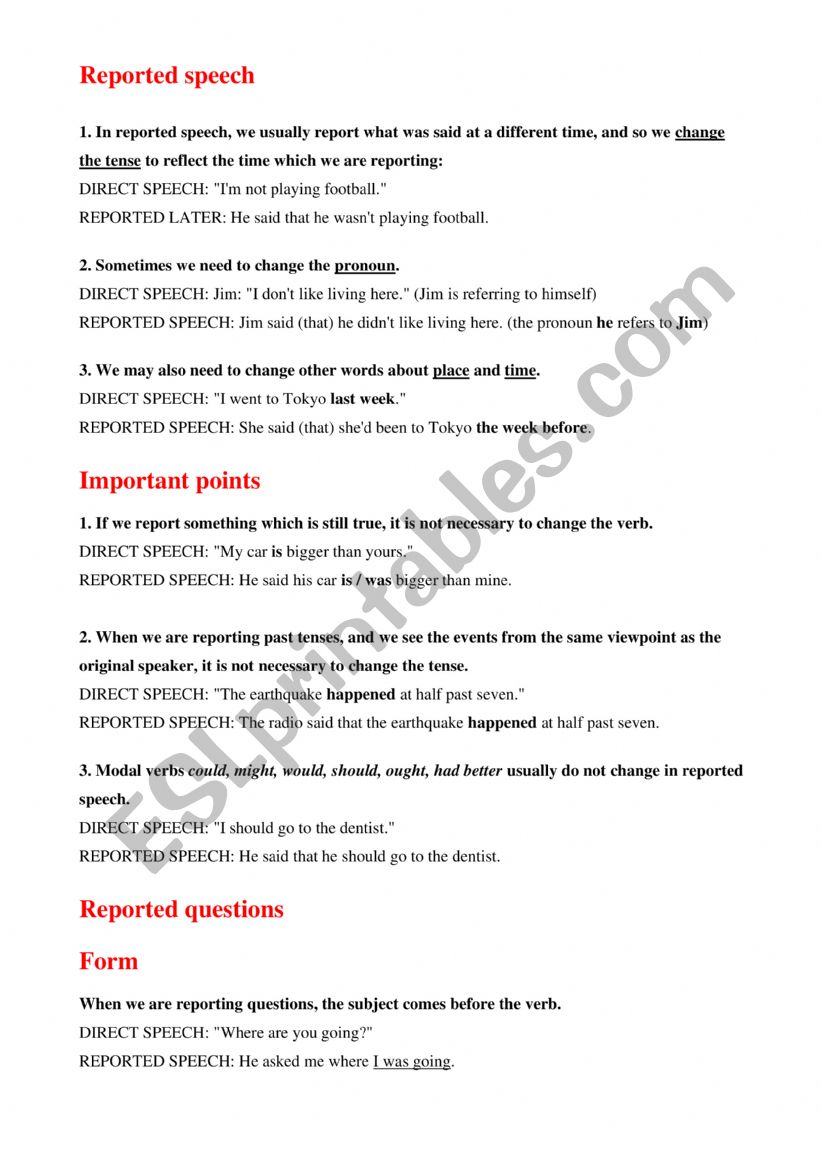 Reported speech worksheet