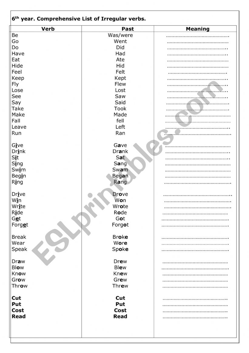 irregular verbs worksheet