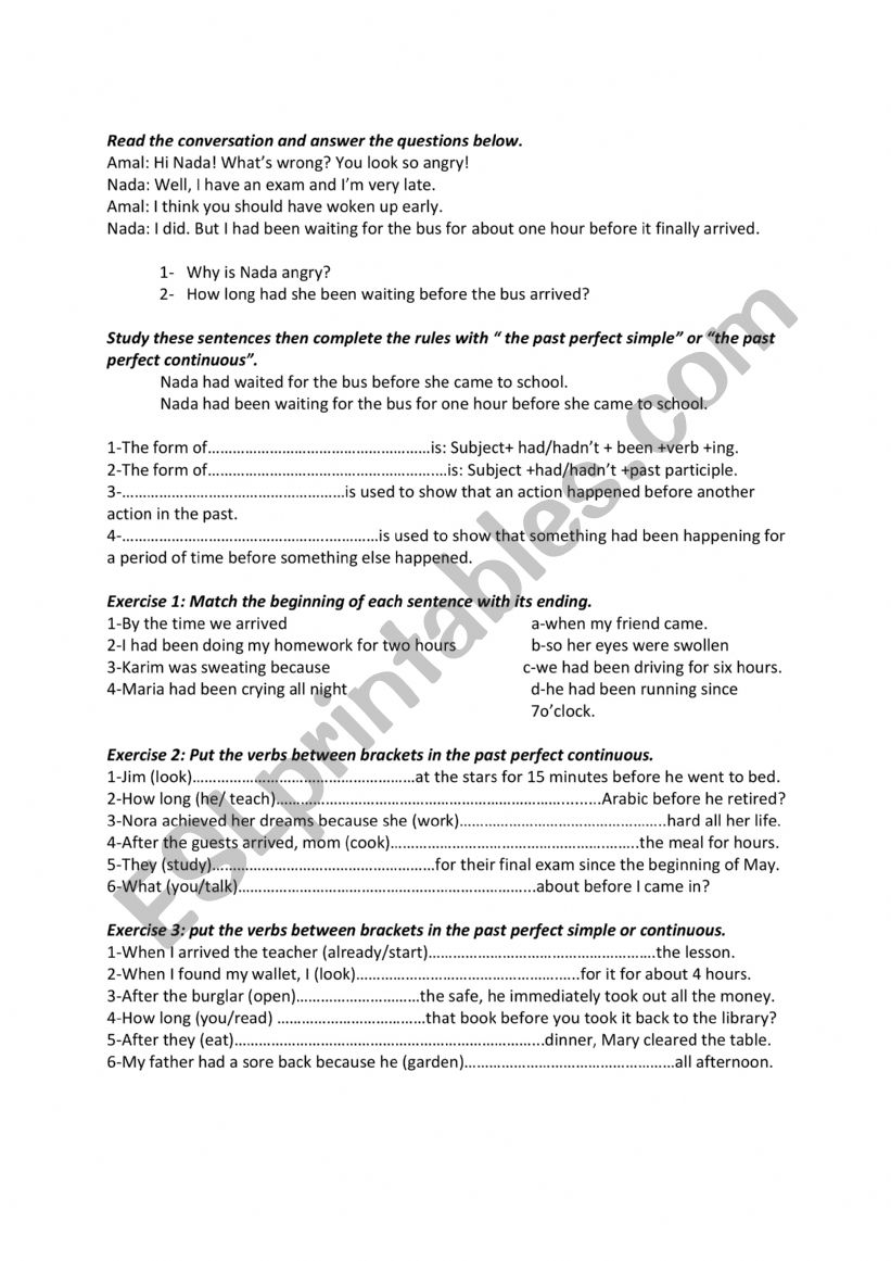 The past perfect continuous worksheet