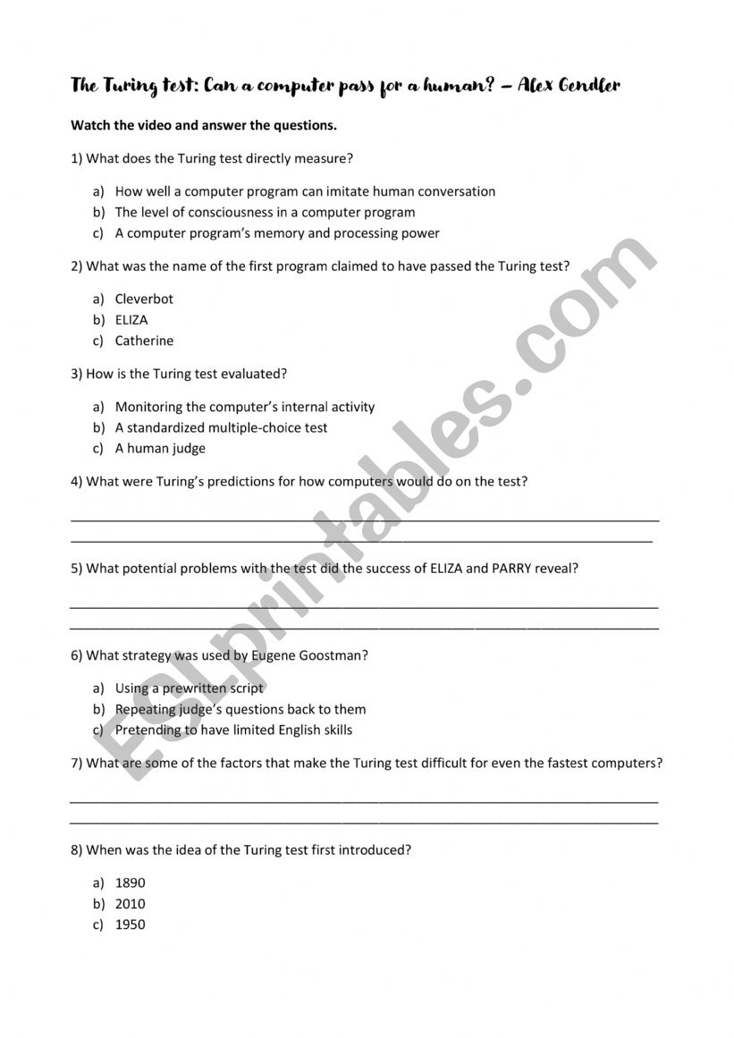 The Turing Test Video Quiz Student Version