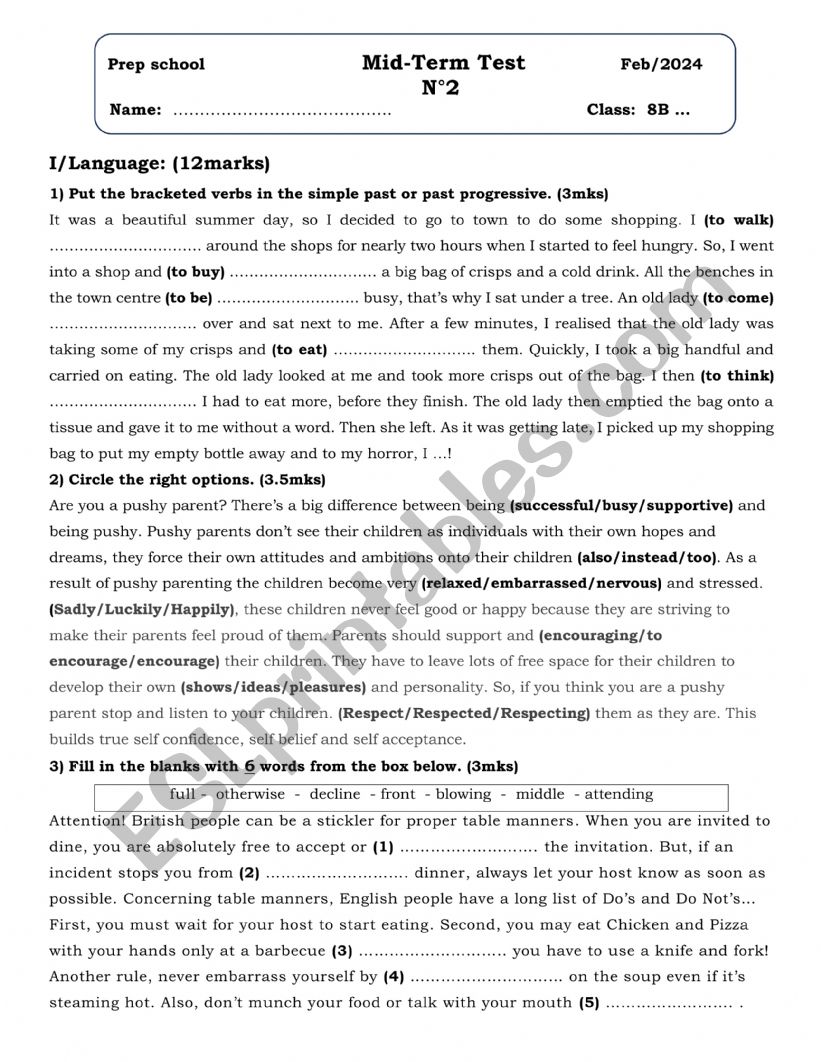 8th Mid Term Test 2 worksheet