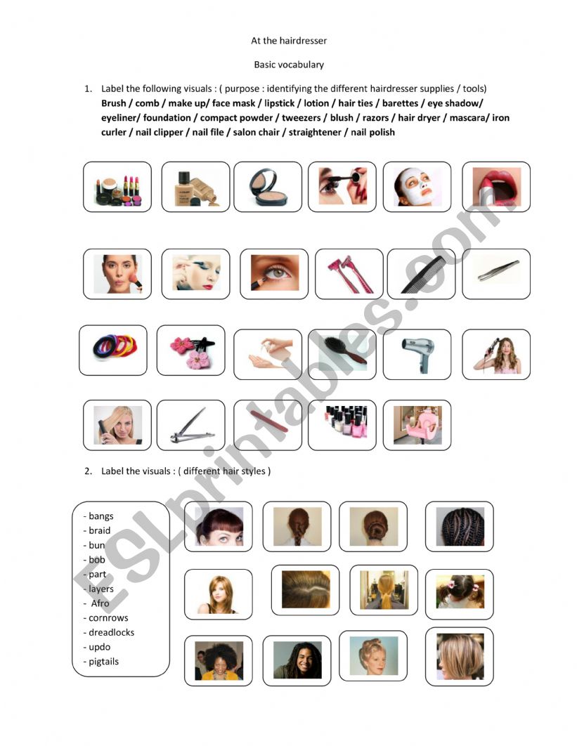 Hairdresser vocabulary sheet worksheet