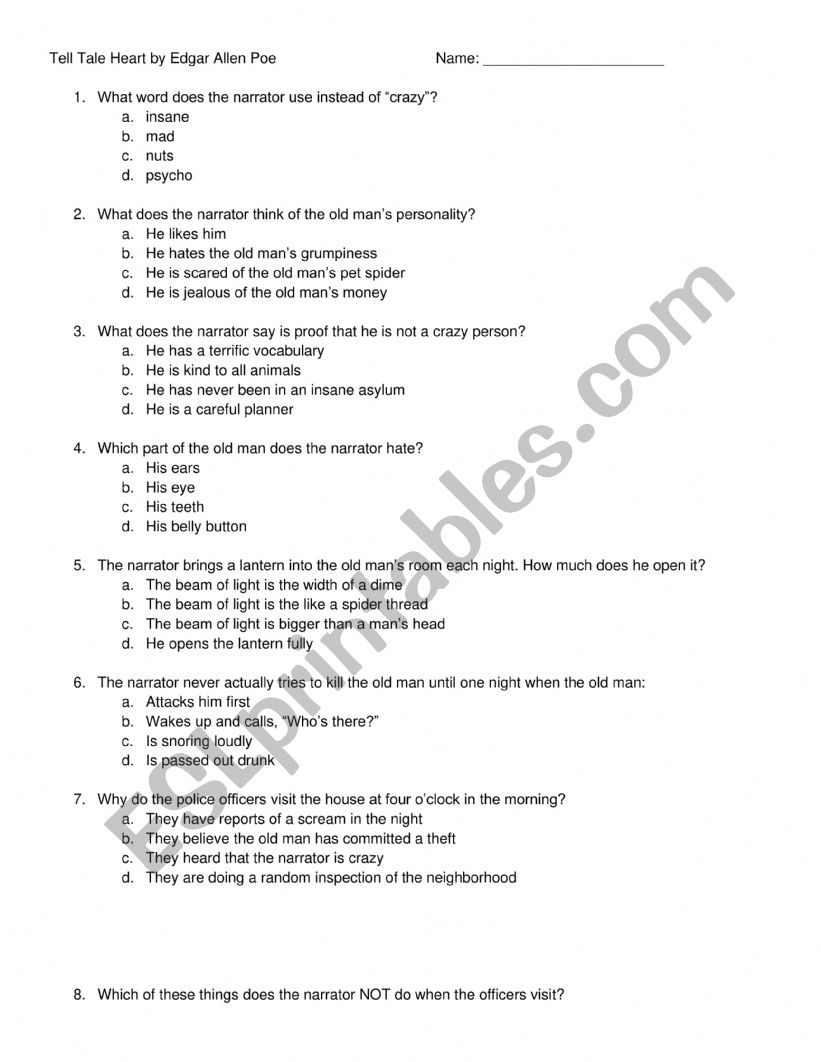 Tell Tale Heart comprehension questions - ESL worksheet by taiwanjon