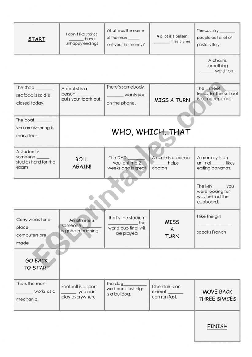 Relative clauses board game worksheet