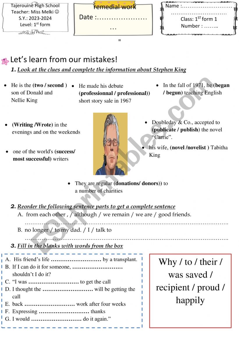 remedial work 1ST form worksheet