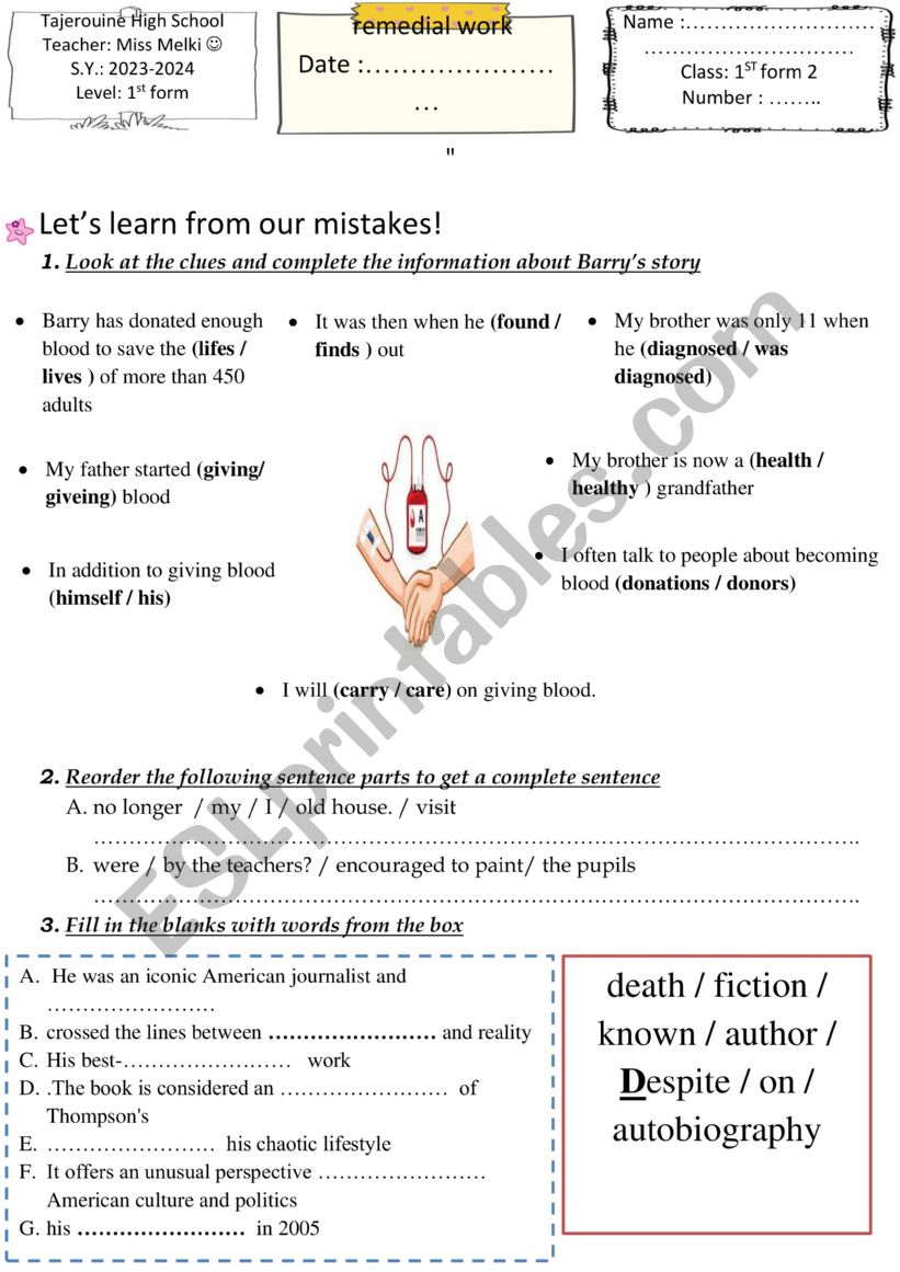 remedial work 1st form worksheet