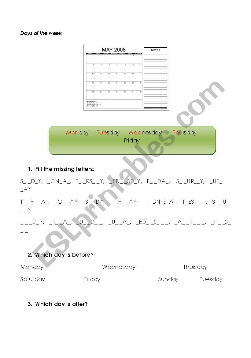 Days of the week worksheet