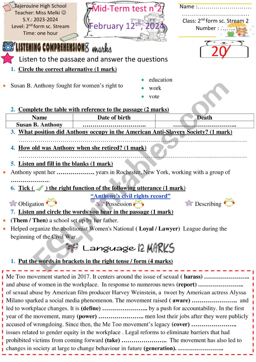 Mid term exam 2nd form worksheet